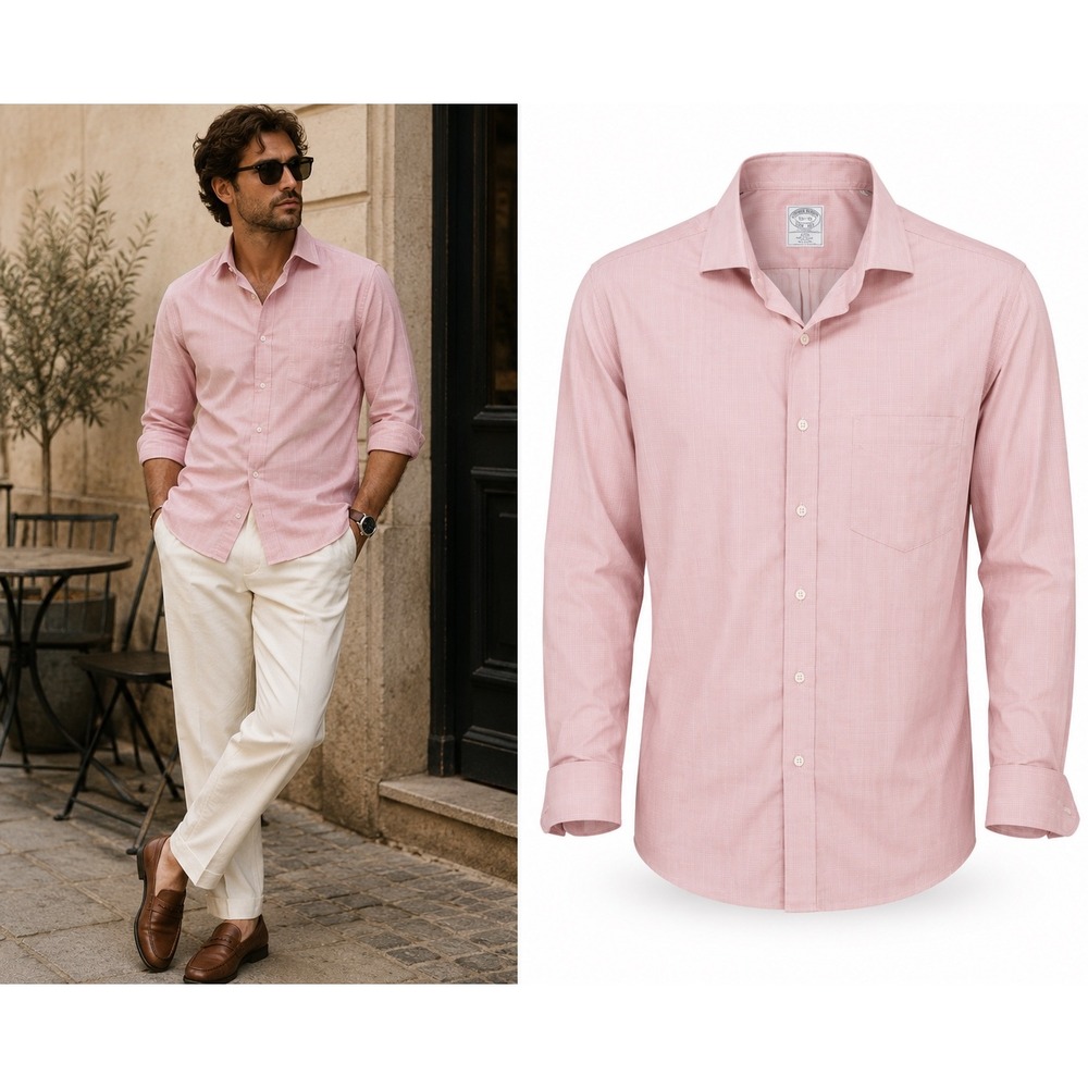 Brooks Brothers Dress Shirt Mens 16.5-32 Pink Excellent Slim Fit Non-Iron Check